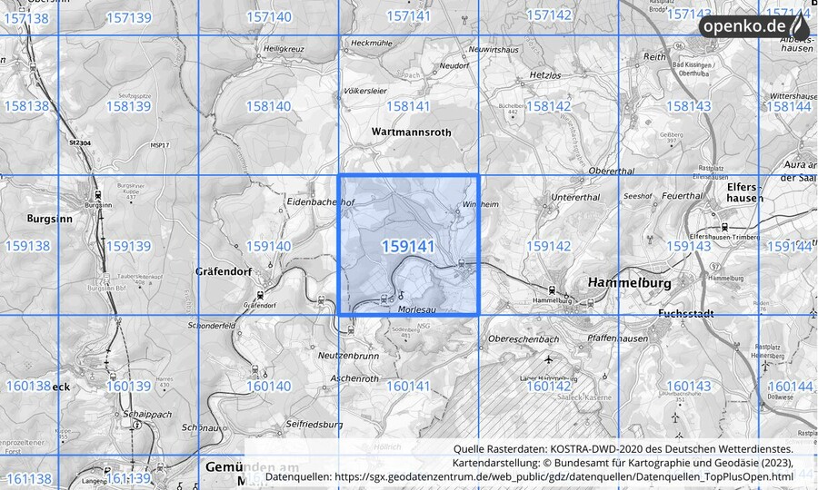 Übersichtskarte des KOSTRA-DWD-2020-Rasterfeldes Nr. 159141