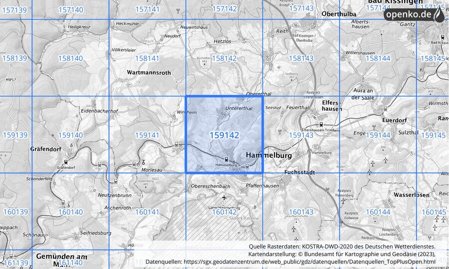 Übersichtskarte des KOSTRA-DWD-2020-Rasterfeldes Nr. 159142