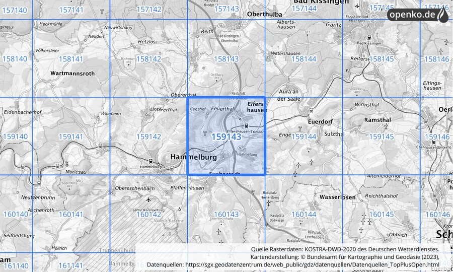 Übersichtskarte des KOSTRA-DWD-2020-Rasterfeldes Nr. 159143