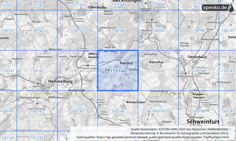 Übersichtskarte des KOSTRA-DWD-2020-Rasterfeldes Nr. 159144