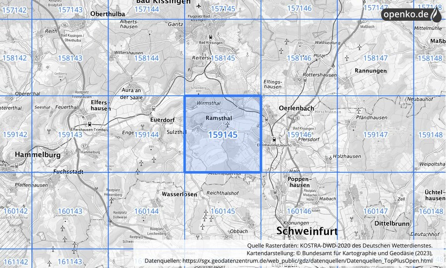 Übersichtskarte des KOSTRA-DWD-2020-Rasterfeldes Nr. 159145