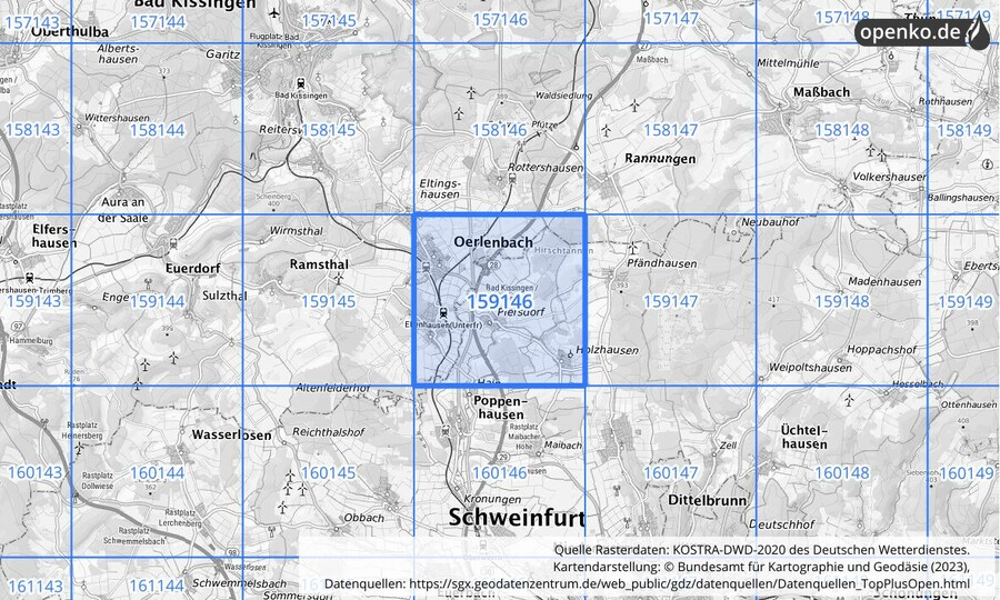 Übersichtskarte des KOSTRA-DWD-2020-Rasterfeldes Nr. 159146