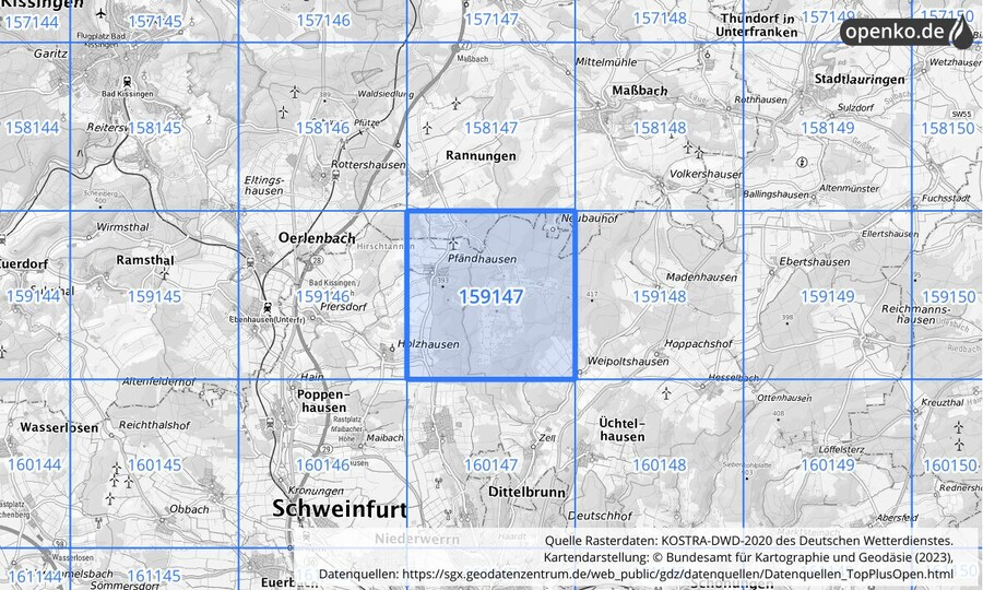 Übersichtskarte des KOSTRA-DWD-2020-Rasterfeldes Nr. 159147