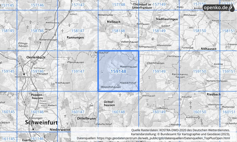 Übersichtskarte des KOSTRA-DWD-2020-Rasterfeldes Nr. 159148