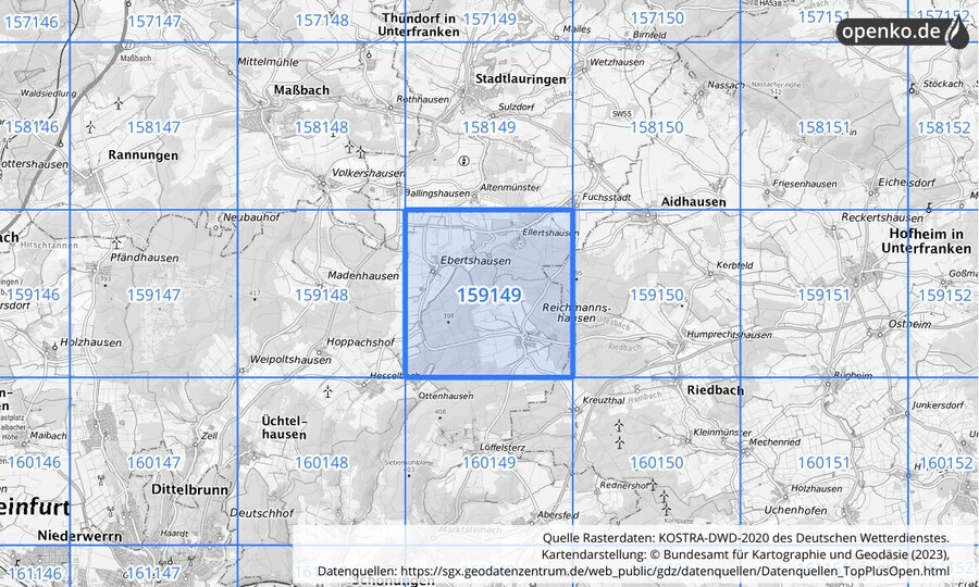 Übersichtskarte des KOSTRA-DWD-2020-Rasterfeldes Nr. 159149