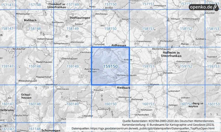 Übersichtskarte des KOSTRA-DWD-2020-Rasterfeldes Nr. 159150