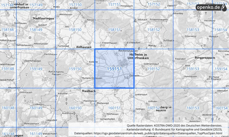 Übersichtskarte des KOSTRA-DWD-2020-Rasterfeldes Nr. 159151