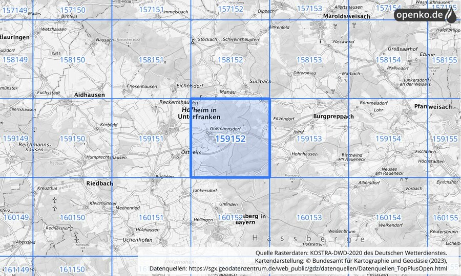 Übersichtskarte des KOSTRA-DWD-2020-Rasterfeldes Nr. 159152