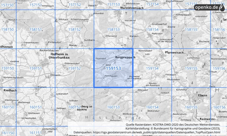 Übersichtskarte des KOSTRA-DWD-2020-Rasterfeldes Nr. 159153