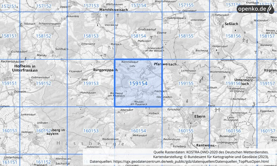 Übersichtskarte des KOSTRA-DWD-2020-Rasterfeldes Nr. 159154