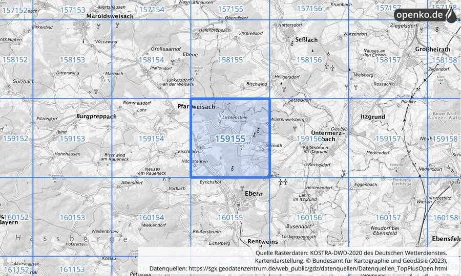 Übersichtskarte des KOSTRA-DWD-2020-Rasterfeldes Nr. 159155