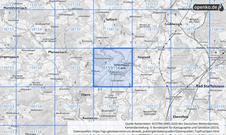 Übersichtskarte des KOSTRA-DWD-2020-Rasterfeldes Nr. 159156