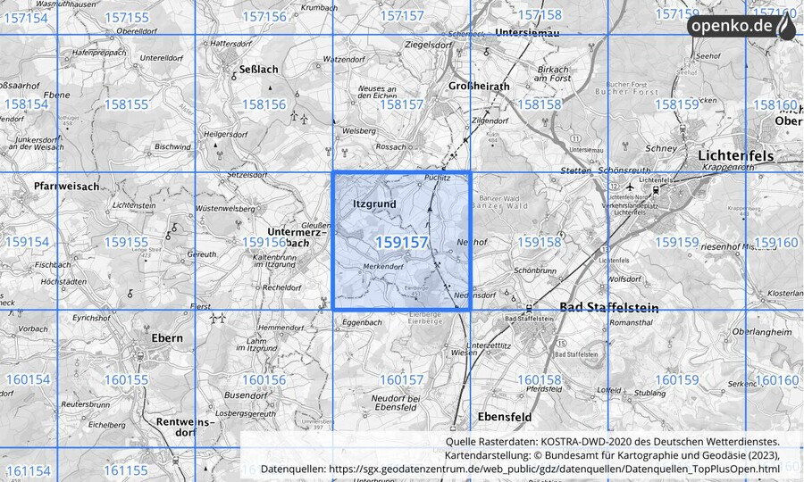 Übersichtskarte des KOSTRA-DWD-2020-Rasterfeldes Nr. 159157