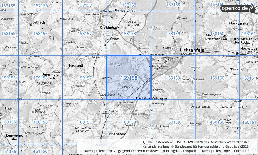 Übersichtskarte des KOSTRA-DWD-2020-Rasterfeldes Nr. 159158