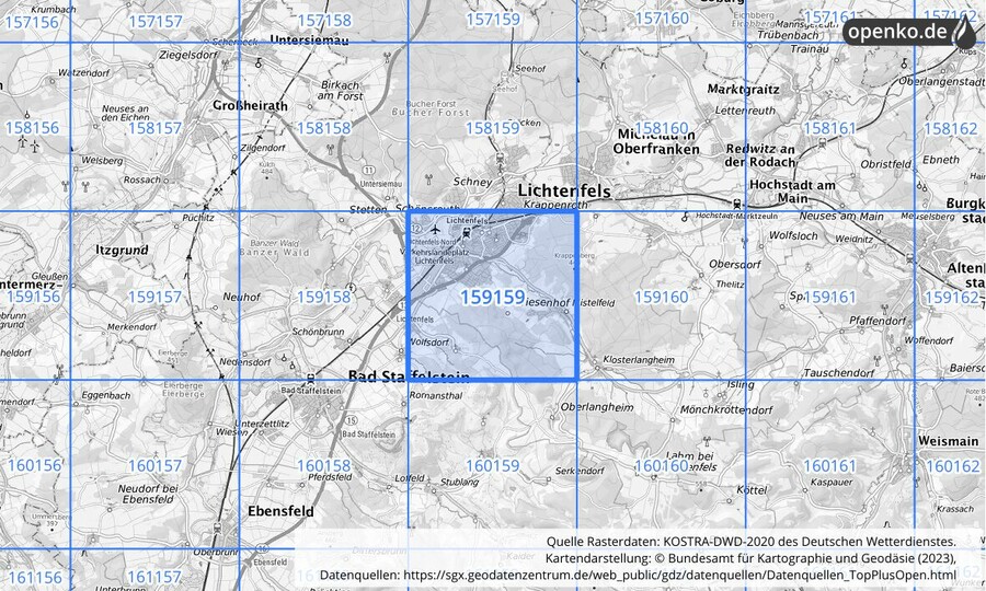 Übersichtskarte des KOSTRA-DWD-2020-Rasterfeldes Nr. 159159