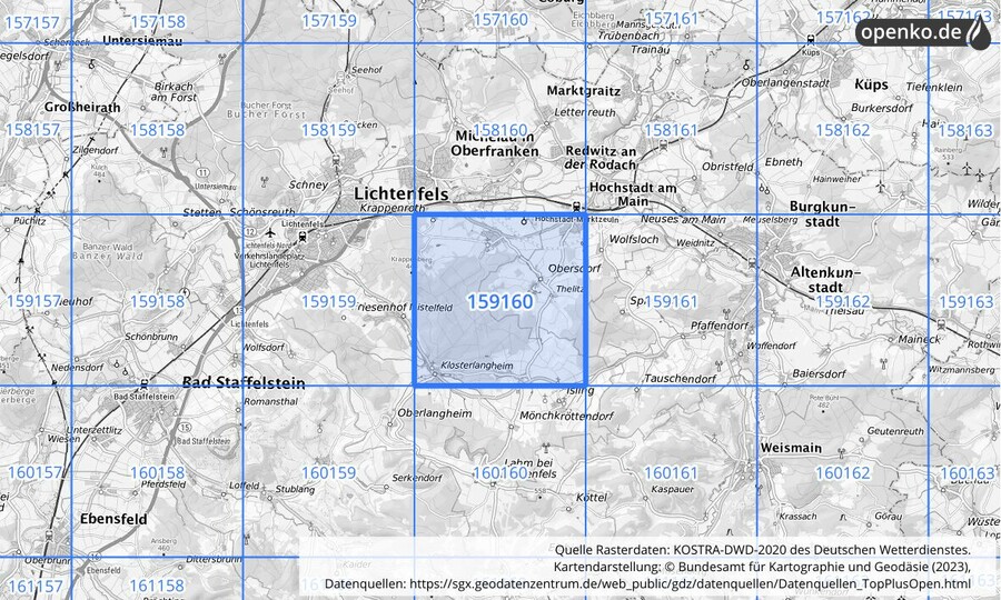 Übersichtskarte des KOSTRA-DWD-2020-Rasterfeldes Nr. 159160