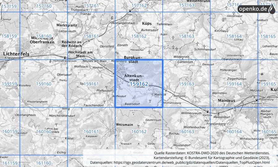 Übersichtskarte des KOSTRA-DWD-2020-Rasterfeldes Nr. 159162