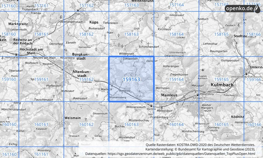 Übersichtskarte des KOSTRA-DWD-2020-Rasterfeldes Nr. 159163