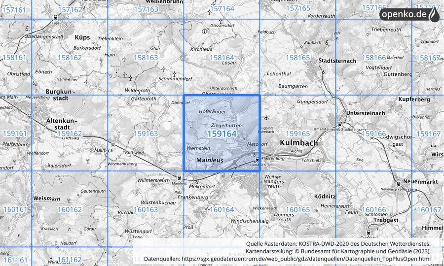 Übersichtskarte des KOSTRA-DWD-2020-Rasterfeldes Nr. 159164