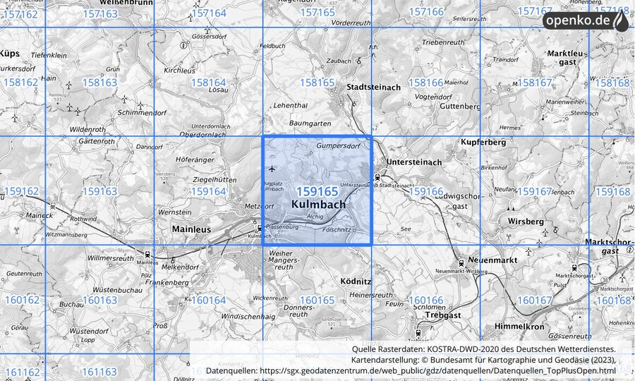 Übersichtskarte des KOSTRA-DWD-2020-Rasterfeldes Nr. 159165