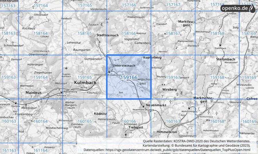 Übersichtskarte des KOSTRA-DWD-2020-Rasterfeldes Nr. 159166