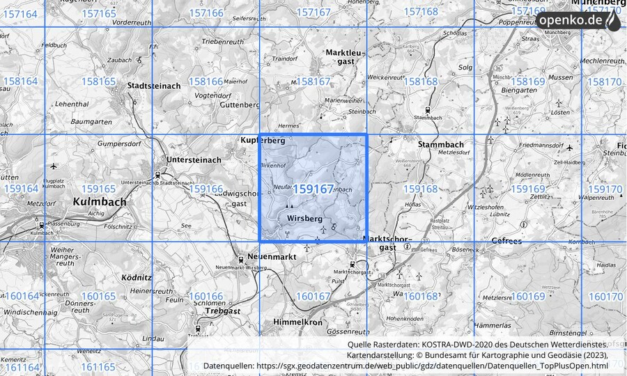 Übersichtskarte des KOSTRA-DWD-2020-Rasterfeldes Nr. 159167