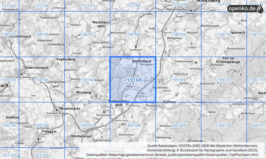 Übersichtskarte des KOSTRA-DWD-2020-Rasterfeldes Nr. 159168