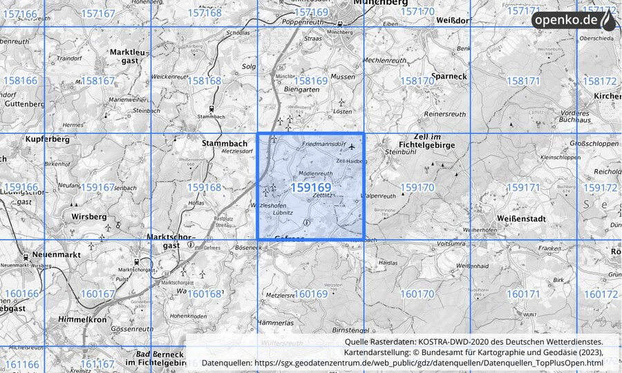 Übersichtskarte des KOSTRA-DWD-2020-Rasterfeldes Nr. 159169