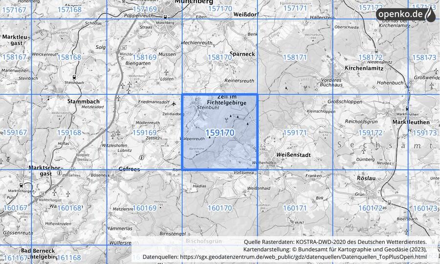 Übersichtskarte des KOSTRA-DWD-2020-Rasterfeldes Nr. 159170