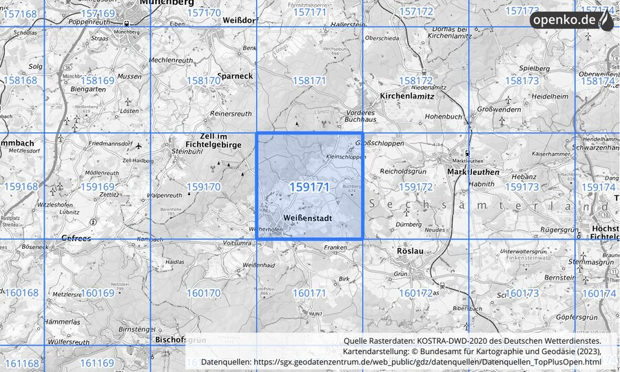 Übersichtskarte des KOSTRA-DWD-2020-Rasterfeldes Nr. 159171