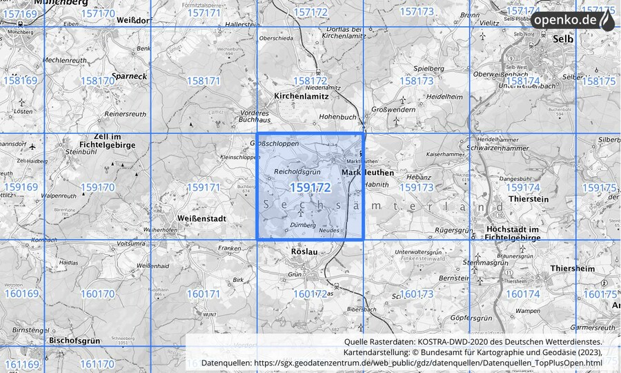 Übersichtskarte des KOSTRA-DWD-2020-Rasterfeldes Nr. 159172