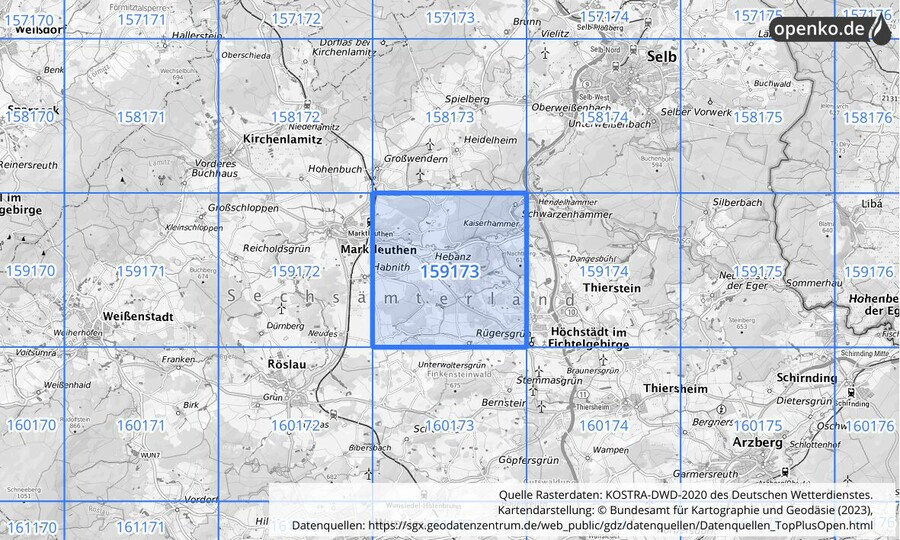 Übersichtskarte des KOSTRA-DWD-2020-Rasterfeldes Nr. 159173