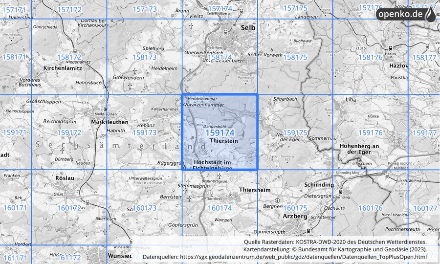 Übersichtskarte des KOSTRA-DWD-2020-Rasterfeldes Nr. 159174