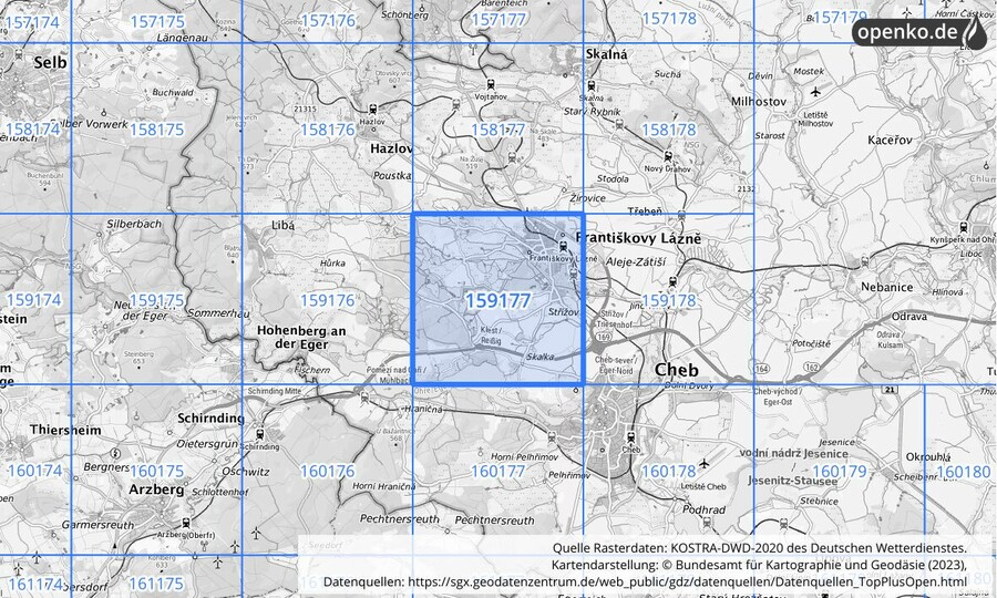 Übersichtskarte des KOSTRA-DWD-2020-Rasterfeldes Nr. 159177