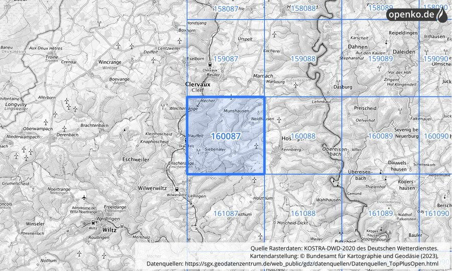 Übersichtskarte des KOSTRA-DWD-2020-Rasterfeldes Nr. 160087