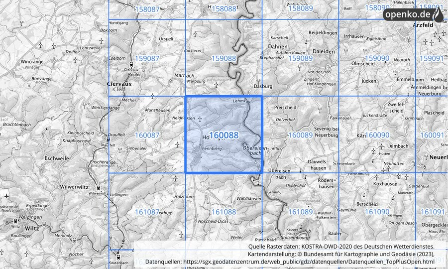 Übersichtskarte des KOSTRA-DWD-2020-Rasterfeldes Nr. 160088