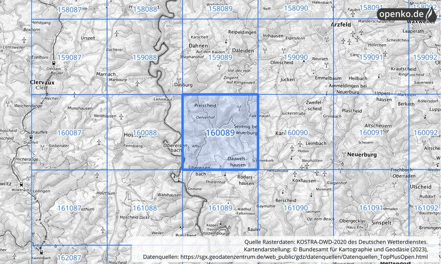 Übersichtskarte des KOSTRA-DWD-2020-Rasterfeldes Nr. 160089