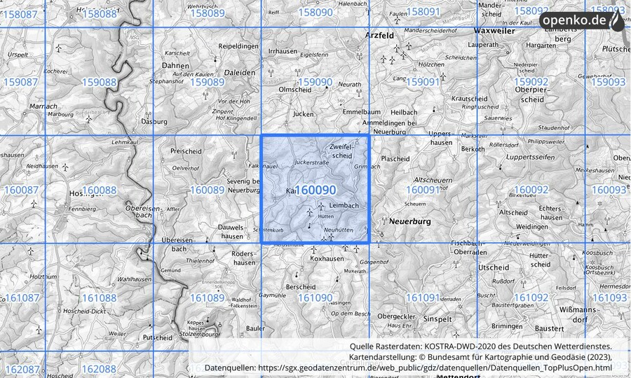 Übersichtskarte des KOSTRA-DWD-2020-Rasterfeldes Nr. 160090