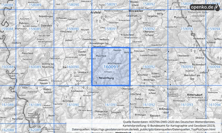 Übersichtskarte des KOSTRA-DWD-2020-Rasterfeldes Nr. 160091