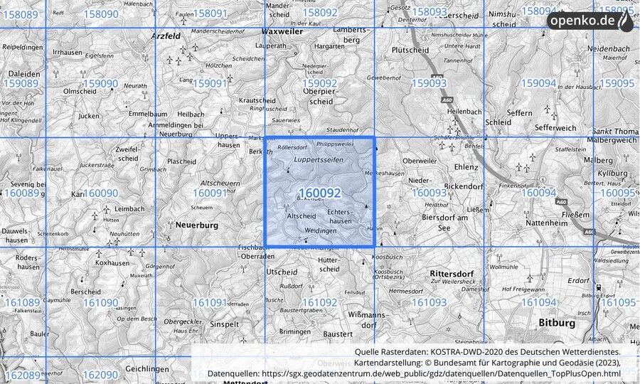 Übersichtskarte des KOSTRA-DWD-2020-Rasterfeldes Nr. 160092