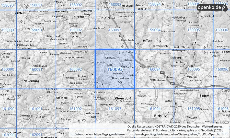 Übersichtskarte des KOSTRA-DWD-2020-Rasterfeldes Nr. 160093