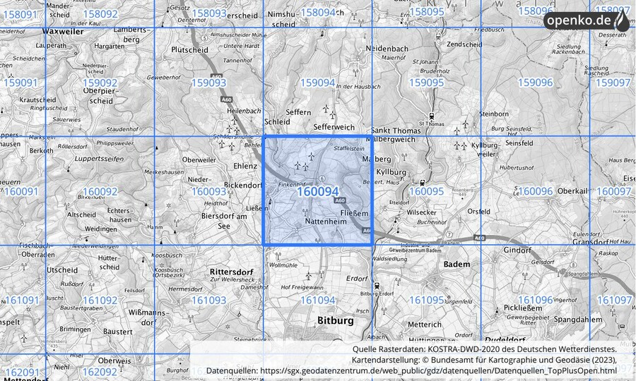 Übersichtskarte des KOSTRA-DWD-2020-Rasterfeldes Nr. 160094