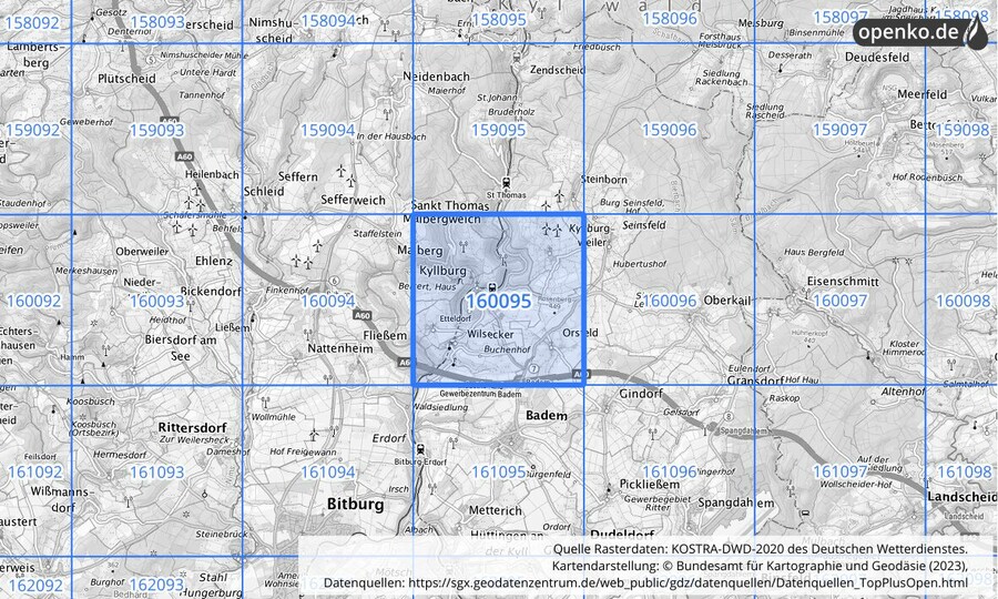 Übersichtskarte des KOSTRA-DWD-2020-Rasterfeldes Nr. 160095