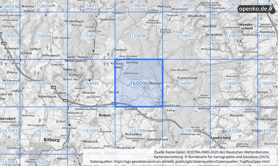 Übersichtskarte des KOSTRA-DWD-2020-Rasterfeldes Nr. 160096