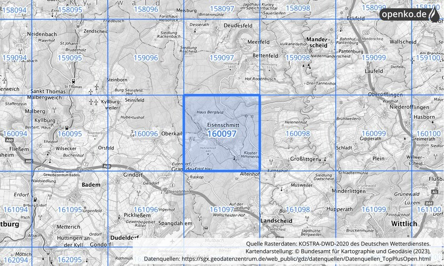 Übersichtskarte des KOSTRA-DWD-2020-Rasterfeldes Nr. 160097