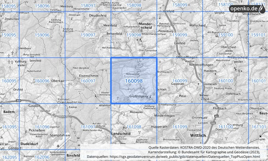 Übersichtskarte des KOSTRA-DWD-2020-Rasterfeldes Nr. 160098