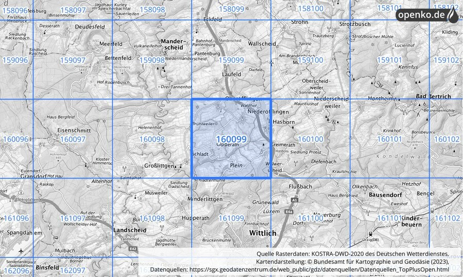 Übersichtskarte des KOSTRA-DWD-2020-Rasterfeldes Nr. 160099