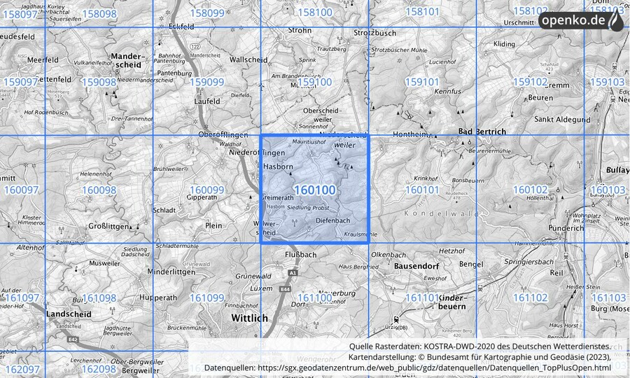 Übersichtskarte des KOSTRA-DWD-2020-Rasterfeldes Nr. 160100