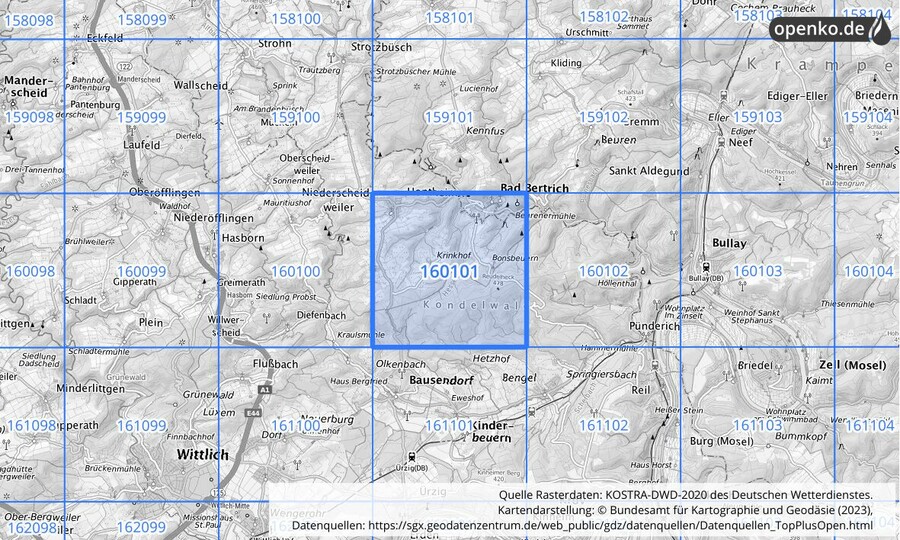 Übersichtskarte des KOSTRA-DWD-2020-Rasterfeldes Nr. 160101