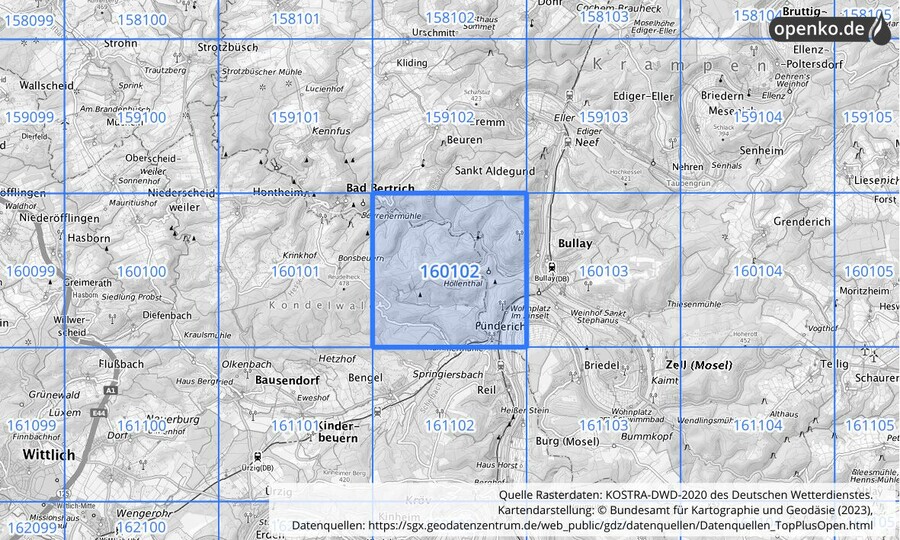 Übersichtskarte des KOSTRA-DWD-2020-Rasterfeldes Nr. 160102